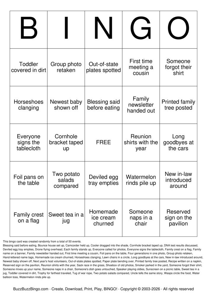 Download Free Family Reunion Bingo Cards