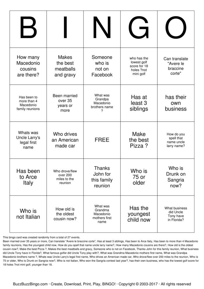 Family Reunion Bingo Bingo Cards to Download, Print and Customize!