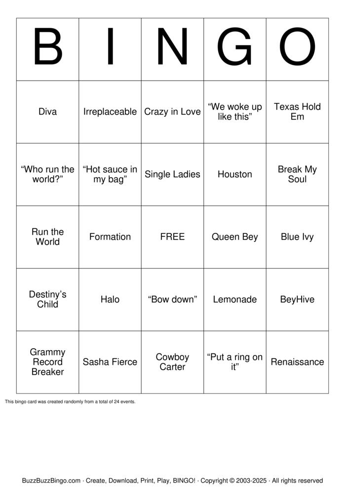 Download Free Happy Birthday Beyonce Bingo Cards