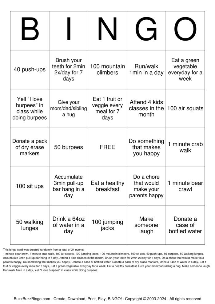 Download Free Kids Crossfit  Bingo Cards