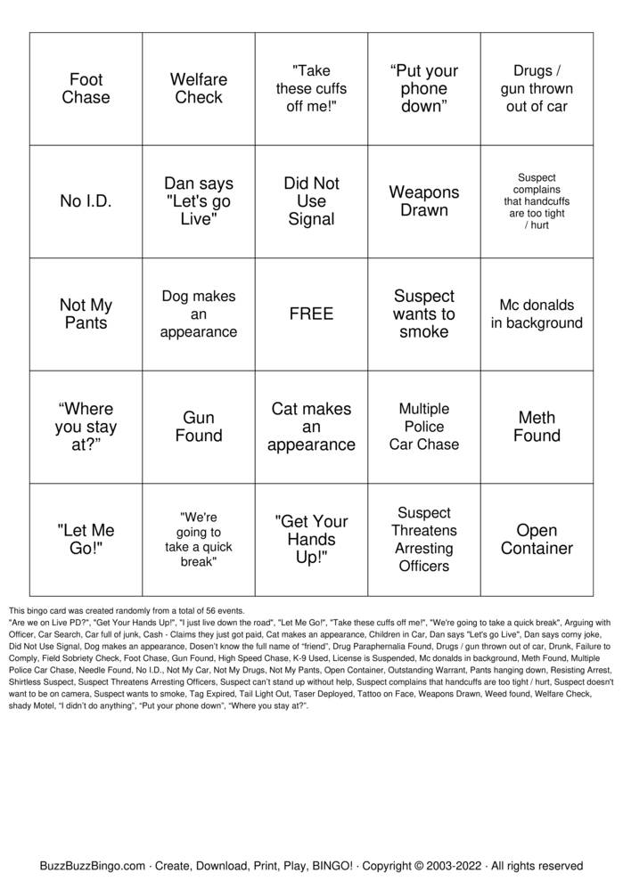 Download Free LIVE PD Bingo Cards