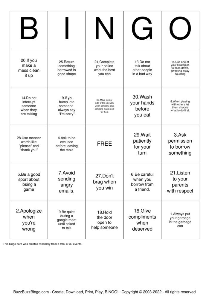 Manners Bingo Cards to Download, Print and Customize!