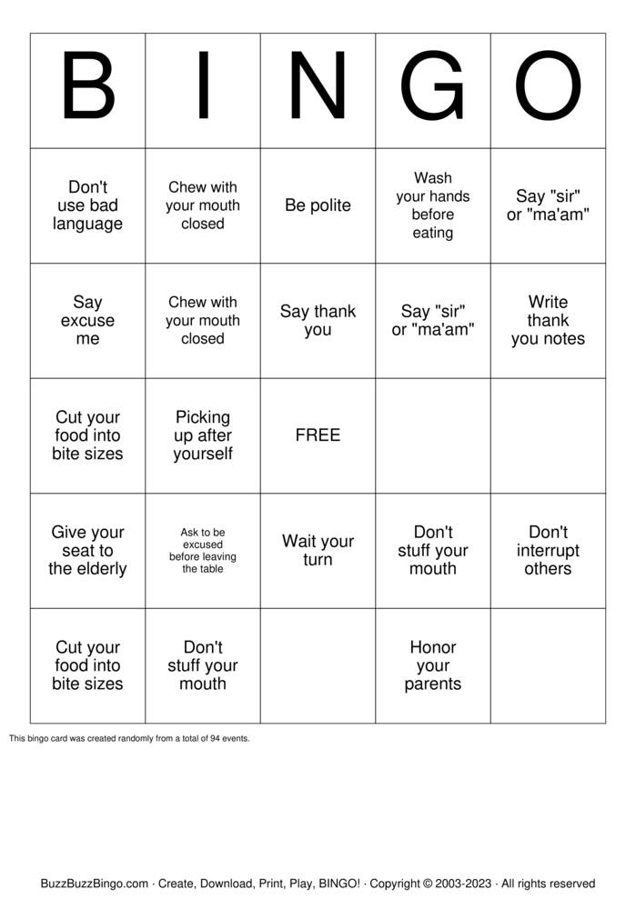 Download Free Manners B-I-N-G-O Bingo Cards