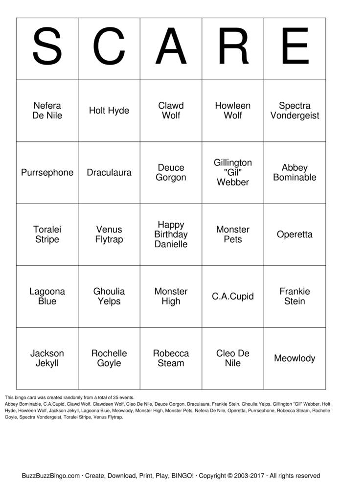 Monster High Bingo Cards to Download, Print and Customize!