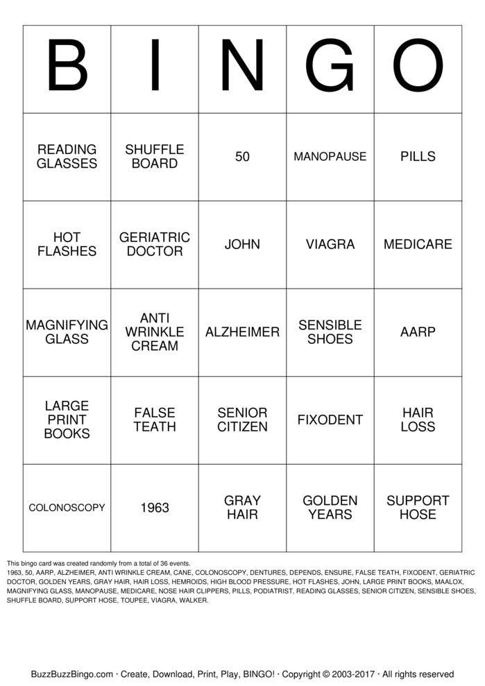 OVER THE HILL Bingo Cards to Download, Print and Customize!