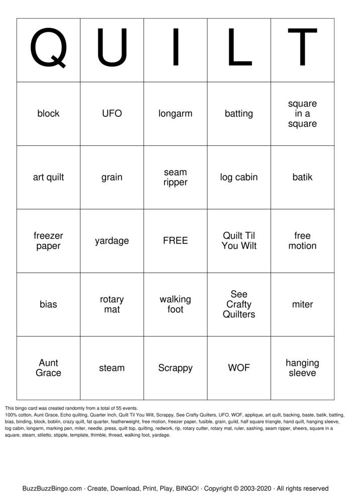QUILT Bingo Cards to Download, Print and Customize!