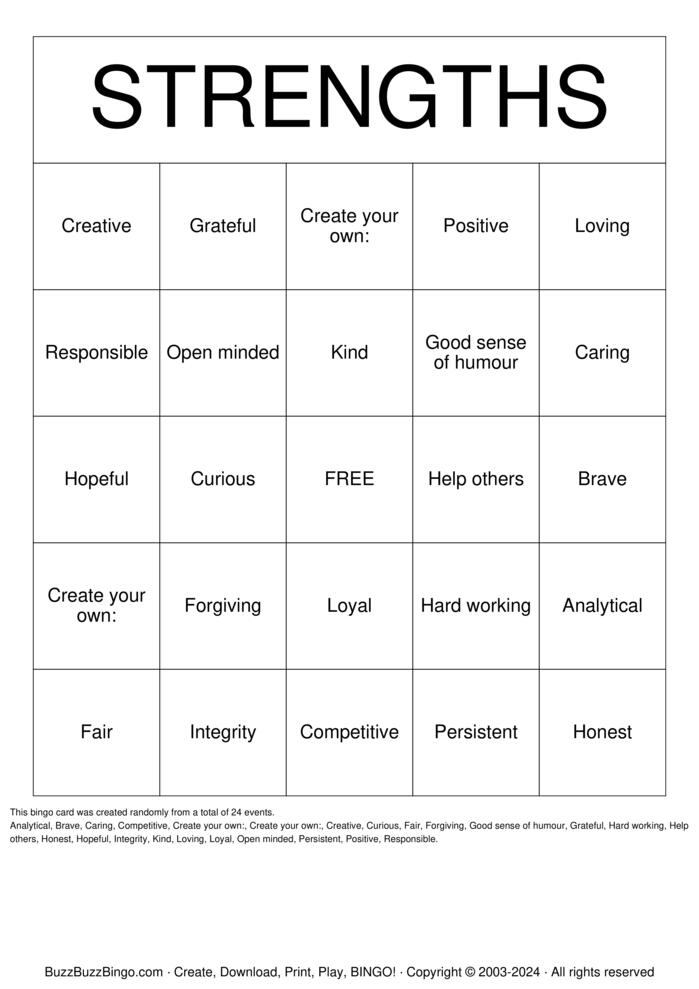Strengths Bingo Cards to Download, Print and Customize!