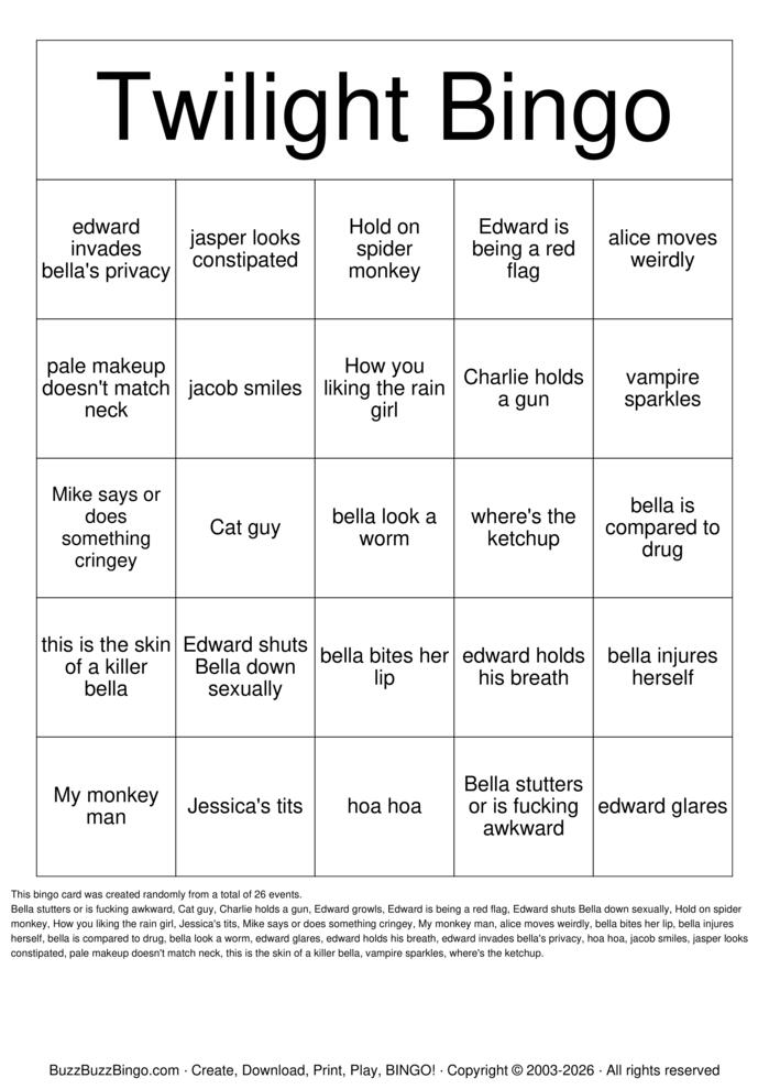 Download Free TWILIGHT BINGO Bingo Cards