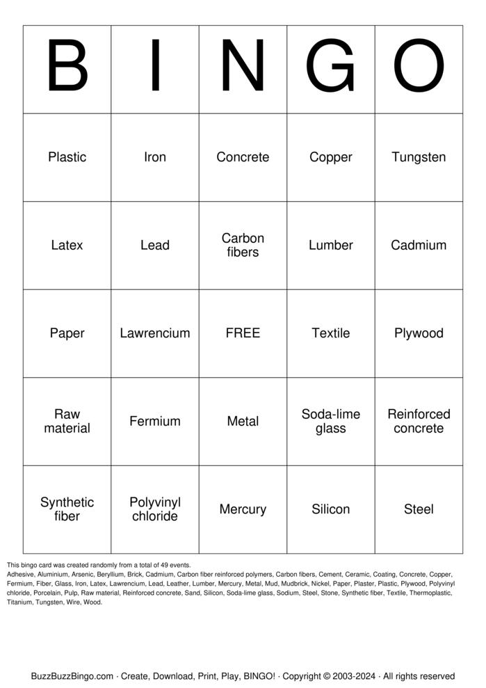 Download Free Types of Materials Bingo Cards