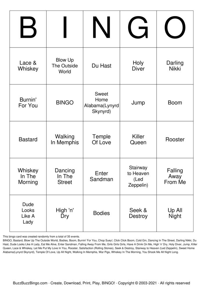classic rock Bingo Cards to Download, Print and Customize!