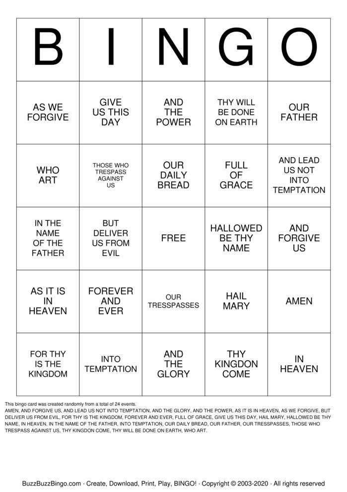 Download Free the lords prayer Bingo Cards