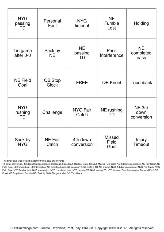 2012 Superbowl NYG vs NE Bingo Cards to Download, Print and Customize!