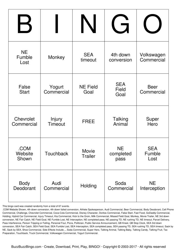 2015 Superbowl NE vs SEA Bingo Cards to Download, Print and Customize!