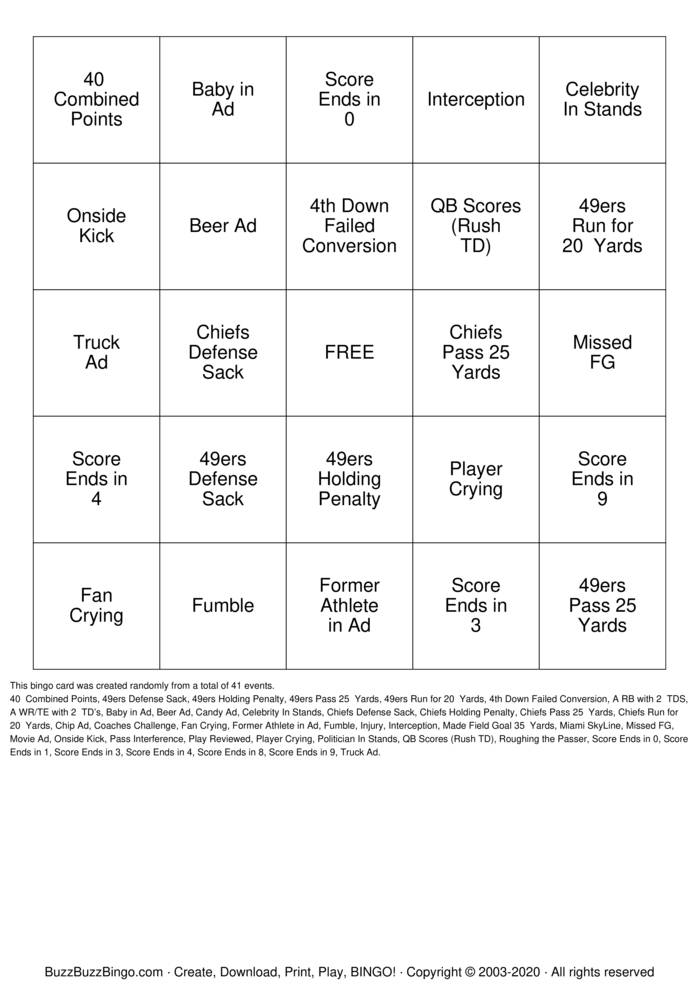 Super bowl bingo 2020 printable