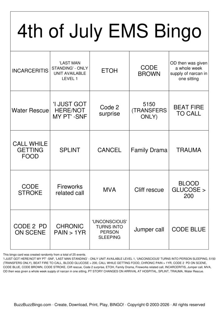 Download Free 4th of July EMS BINGO Bingo Cards