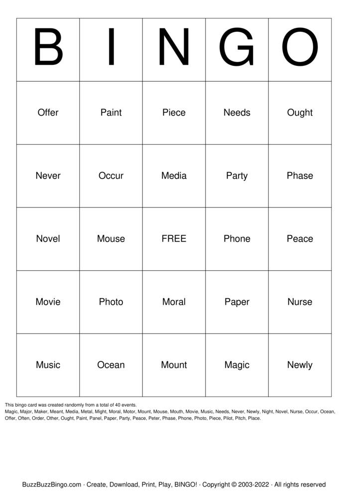 Download Free 5 Letter Words M-P Bingo Cards