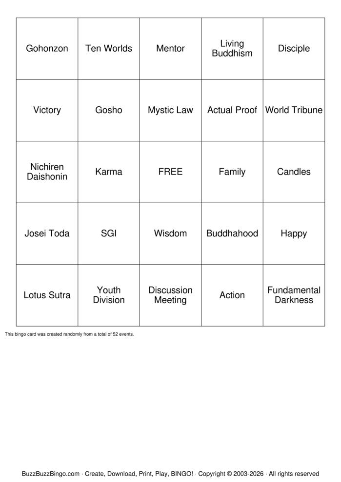 Download Free Buddhist game Bingo Cards