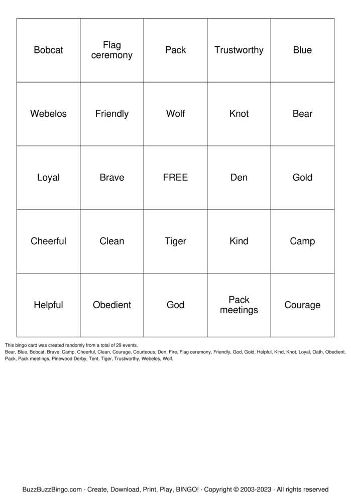 Download Free Cub Scouts Bingo Cards Download Free Cub Scouts Bingo Cards