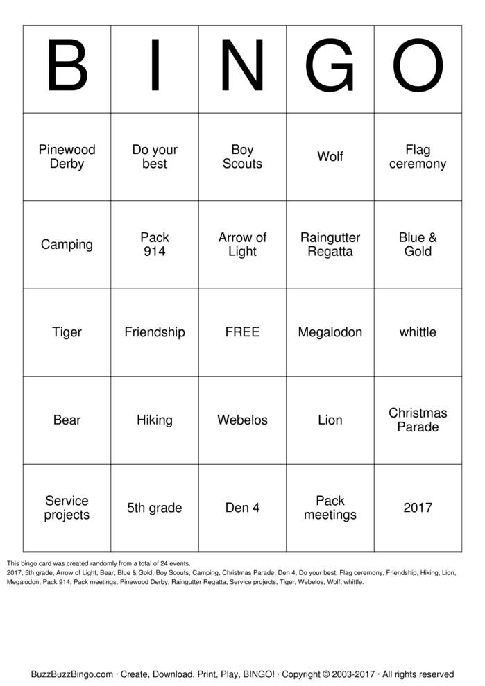 Download Free Cub Scouts Bingo Cards Download Free Cub Scouts Bingo Cards