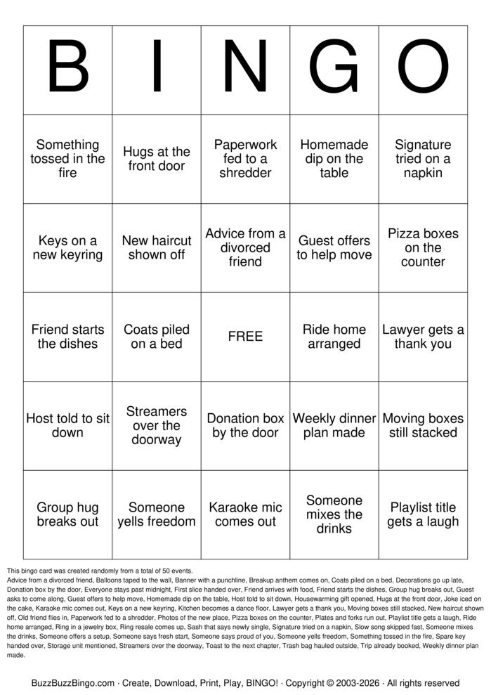 Download Free Divorce Party Bingo Cards Download Free Divorce Party Bingo Cards