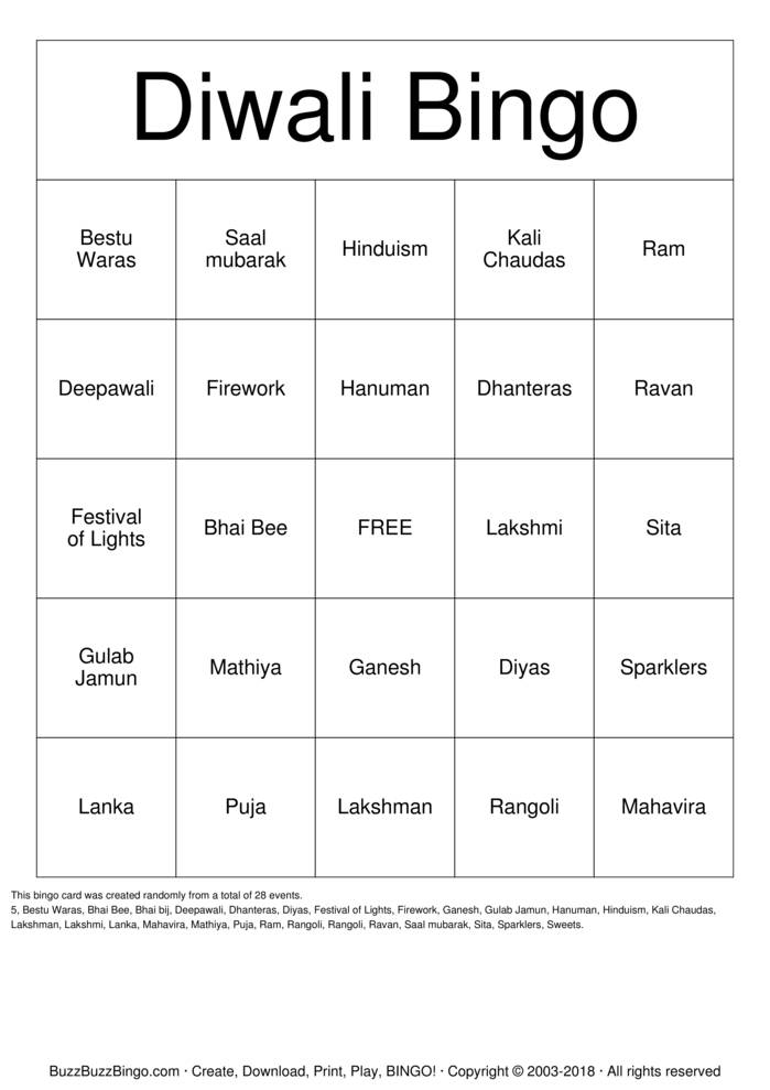 Diwali Party Bingo Cards to Download, Print and Customize!