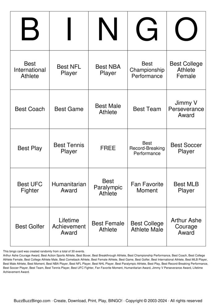 Download Free ESPY Awards Bingo Cards