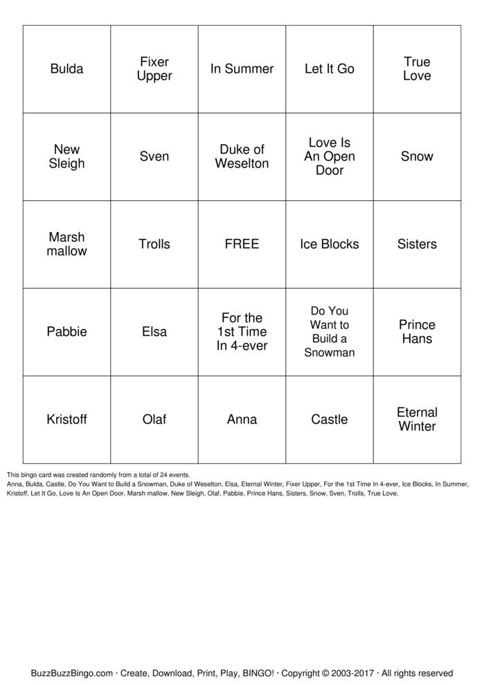 FROZEN Bingo Cards to Download, Print and Customize!