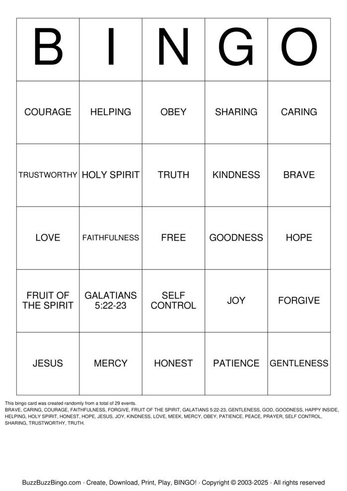 Download Free Fruit of the Spirit Bingo Cards