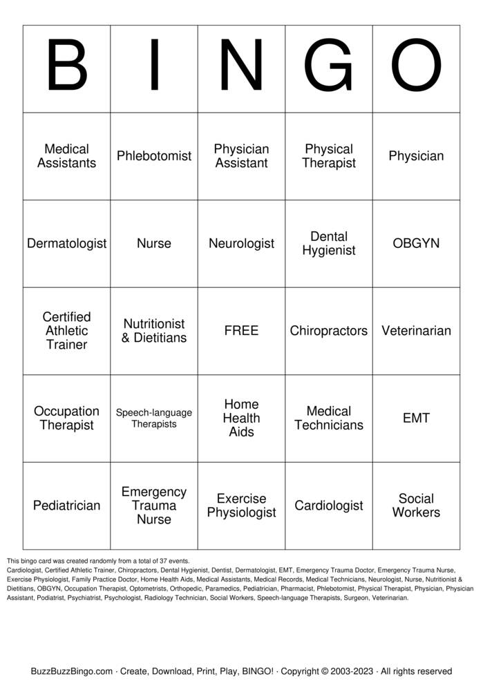 Download Free Health Care Careers Bingo Cards Download Free Health Care Careers Bingo Cards