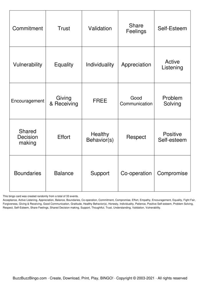 Download Free Healthy Relationships Bingo Cards