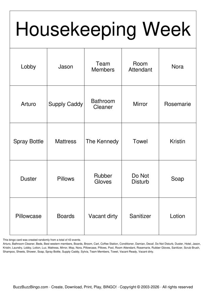 Download Free Housekeeping  Bingo Cards