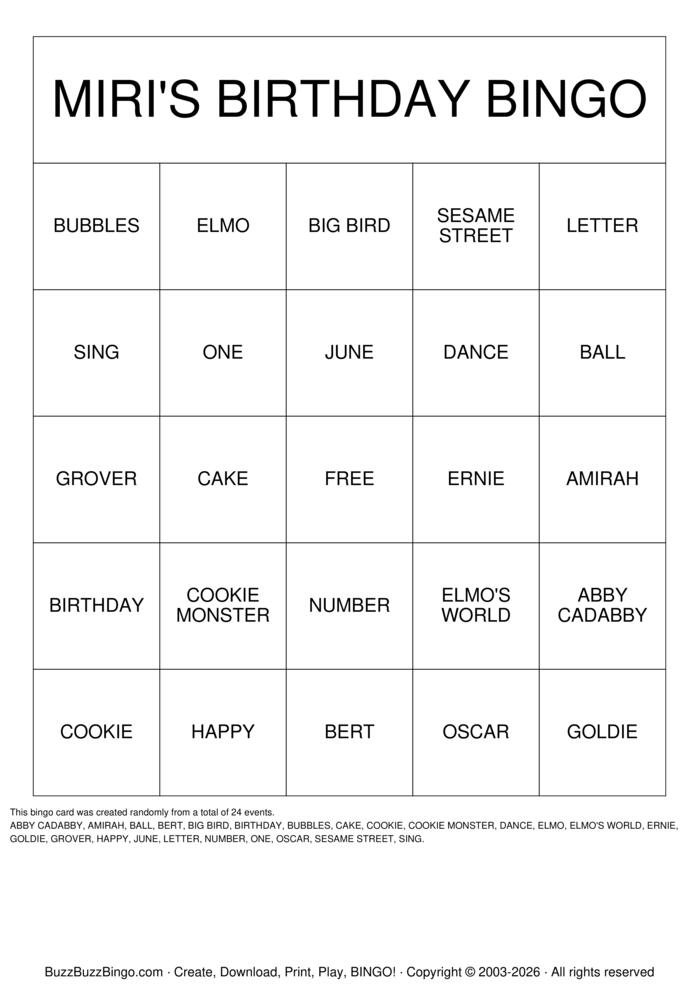 Download Free MIRI'SBIRTHDAY BINGO Bingo Cards