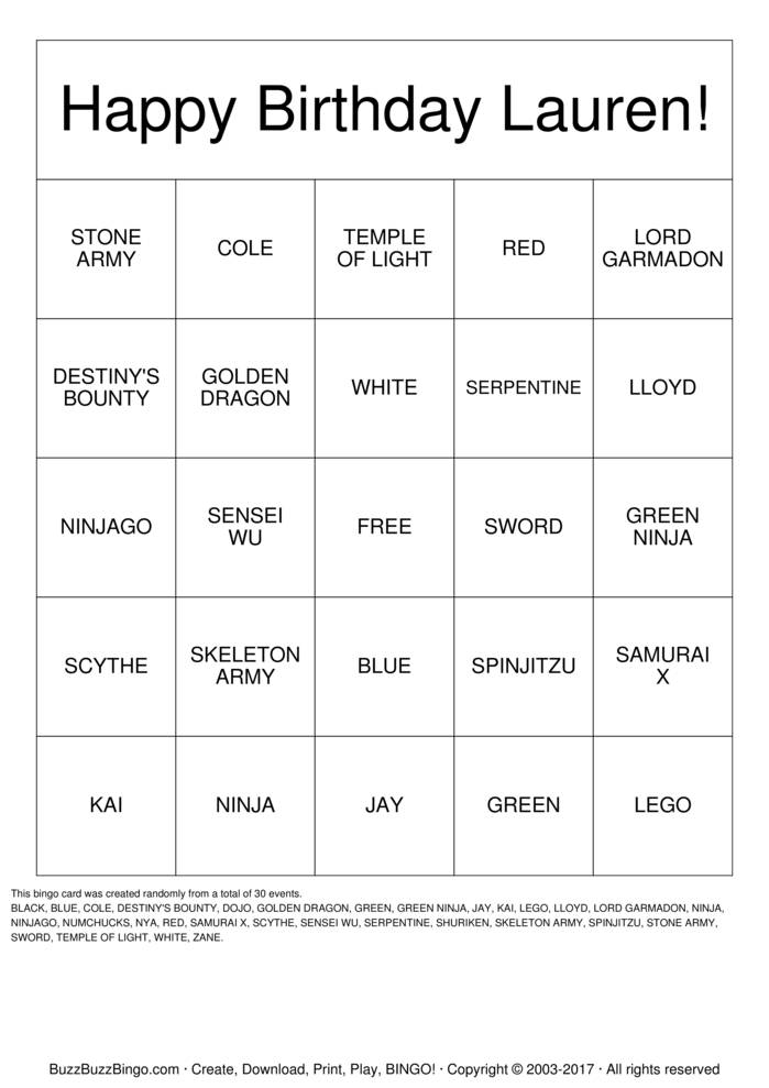 NINJA Bingo Cards to Download, Print and Customize!