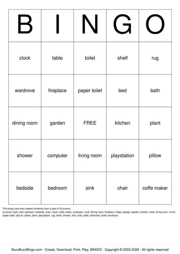 Parts and objects of the house Bingo Cards to Download, Print and ...