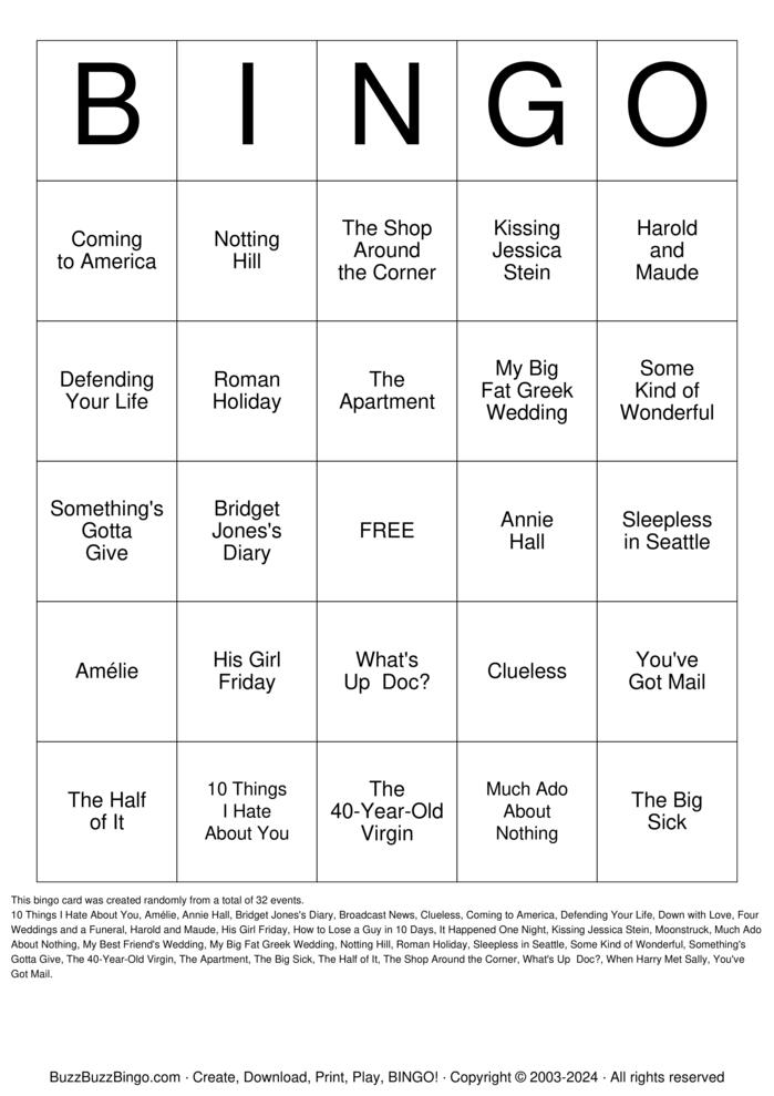 Download Free Romantic Comedy Movies Bingo Cards