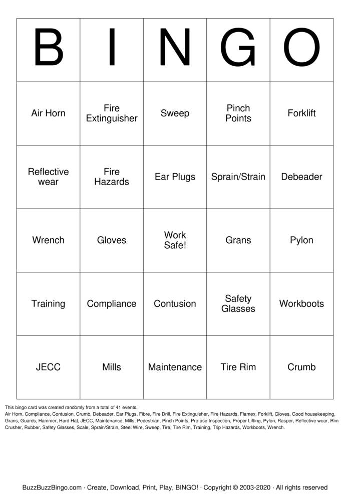 Download Free SAFETY BINGO Bingo Cards
