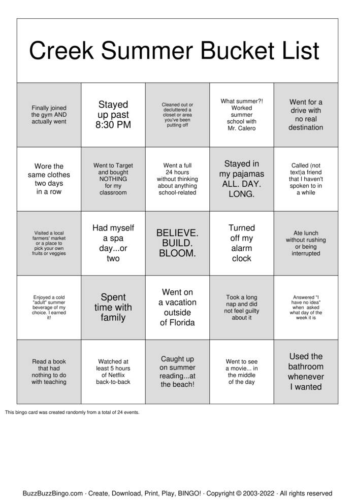 Download Free Summer Bucket List for Teachers Bingo Cards