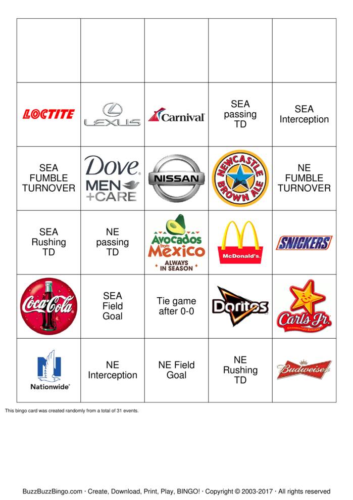 Superbowl Logos Bingo Cards to Download, Print and Customize!