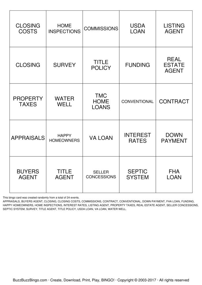 TMC HOME LOANS BINGO Bingo Cards to Download, Print and Customize!