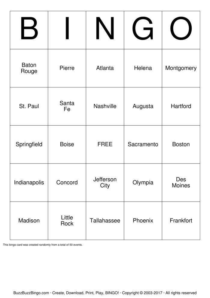 Download Free US State Capitals Bingo Cards