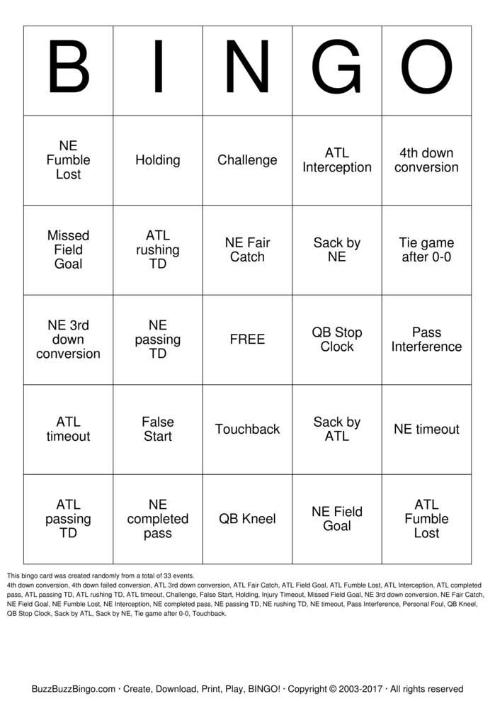 2018 Superbowl NE vs ATL Bingo Cards to Download, Print and Customize!