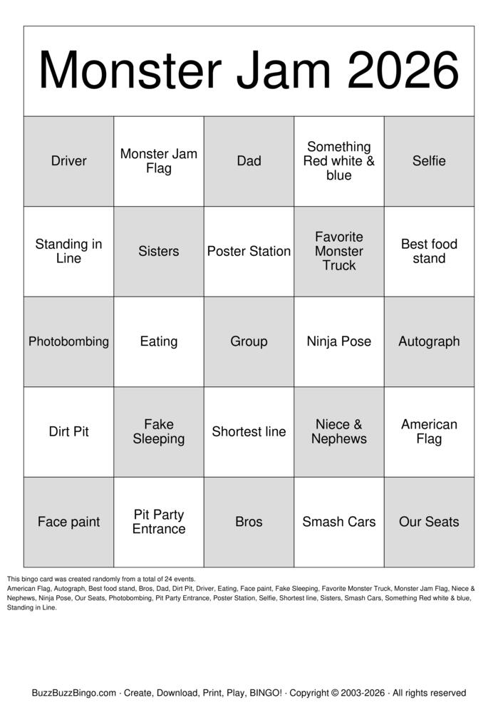 Download Free 2026 Monster Jam Pictures Bingo Cards