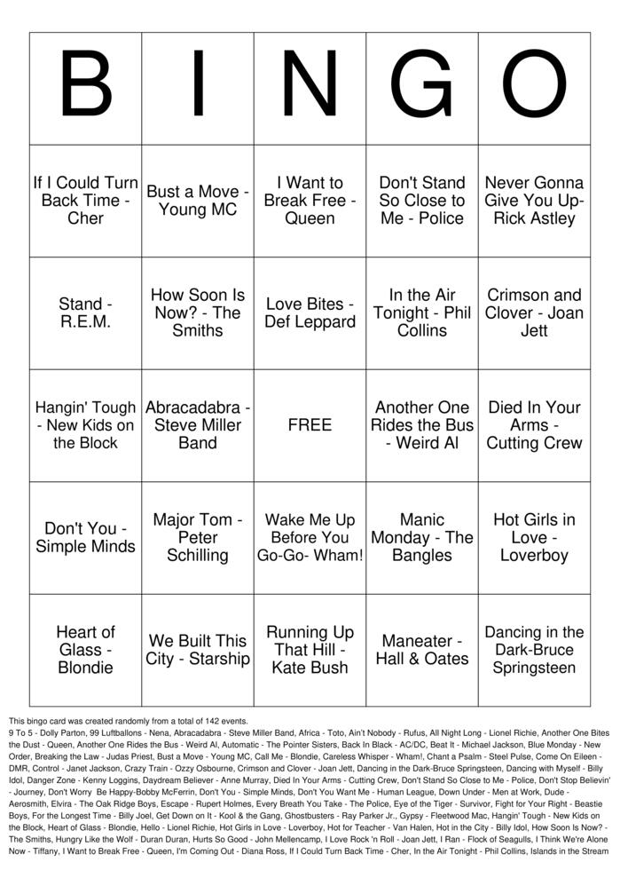 Download Free 80's Music Bingo Bingo Cards