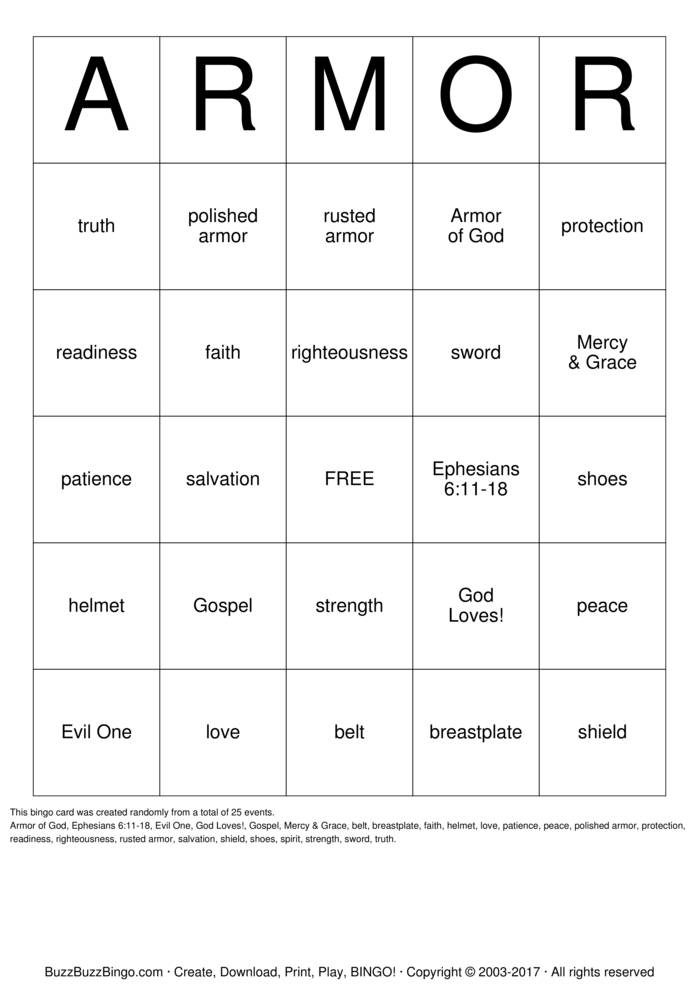 Download Free Armour of God Bingo Cards