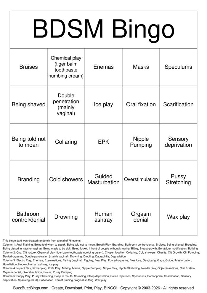 Download Free BDSM Bingo Bingo Cards