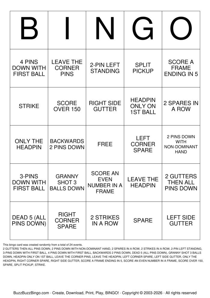 Download Free Bowling Bingo Cards