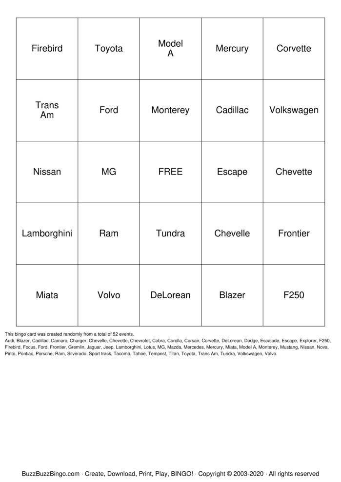 Car show Bingo Cards to Download, Print and Customize!