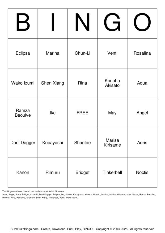 Download Free Characters I'm horny for Bingo Cards