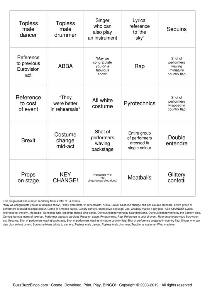 Ready To Use. Eurovision Music Bingo Game 17 = 50 Cards NO Printing Needed 