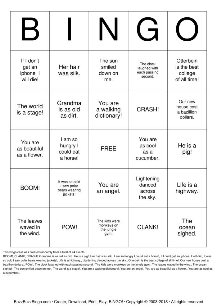Figurative Language Bingo Cards to Download, Print and Customize!